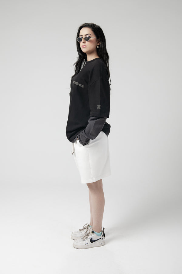 OVERSIZE TRIM LONG SLEEVE T-SHIRT - BLACK/ GREY SLEEVES