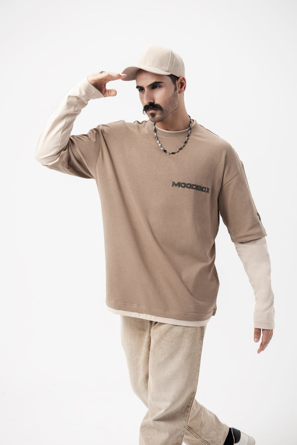 OVERSIZE TRIM LONG SLEEVE T-SHIRT - TAUPE/ BEIGE SLEEVES