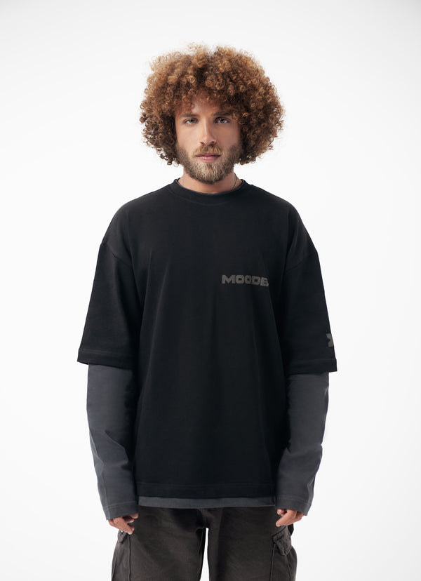 OVERSIZE TRIM LONG SLEEVE T-SHIRT - BLACK/ GREY SLEEVES