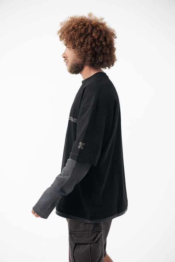 OVERSIZE TRIM LONG SLEEVE T-SHIRT - BLACK/ GREY SLEEVES